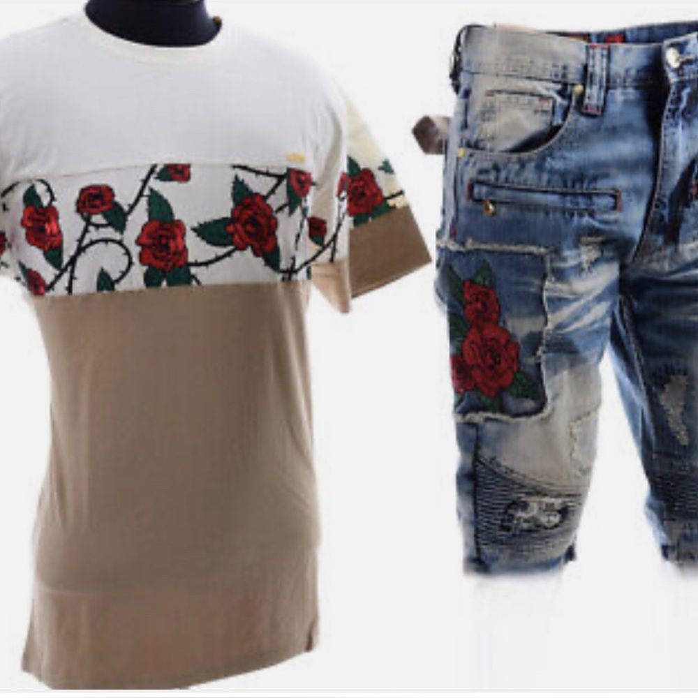 Blue Distressed Jean Shorts with Plaid Accents